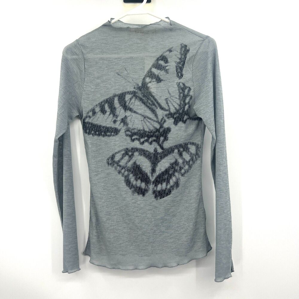 Three Bird Nest Gray Butterfly Print Sheer Mesh Long Sleeve Top Womens M NWT